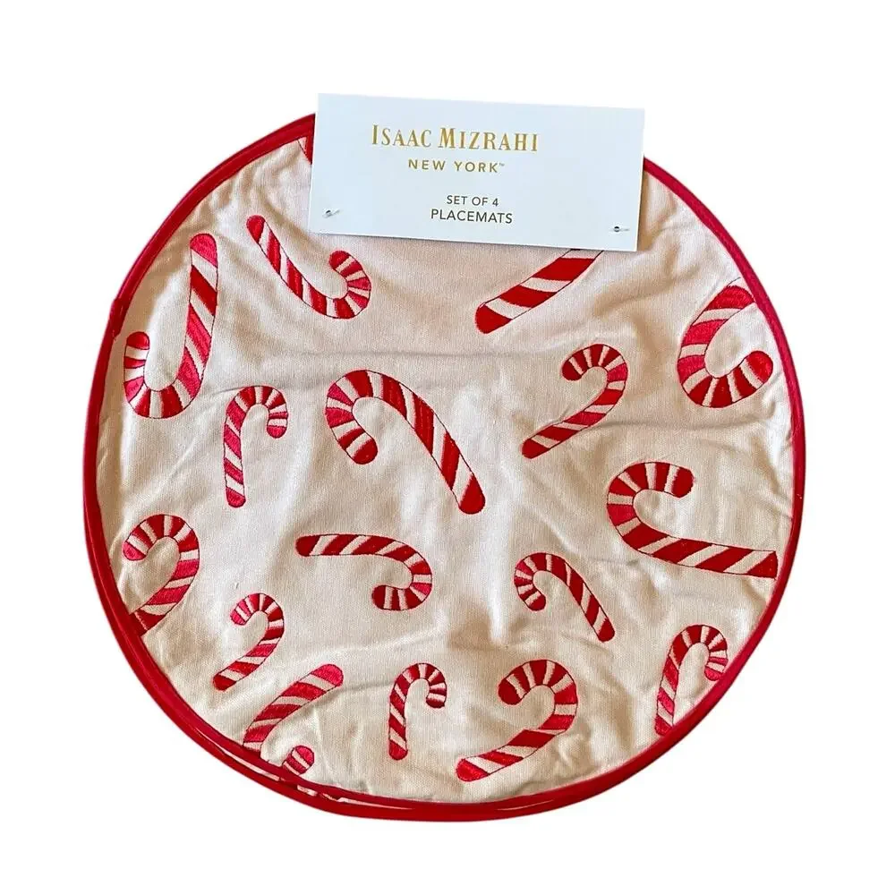 Isaac Mizrahi CANDY CANE Christmas Placemats 15in Embroidered Cotton Pink & Red